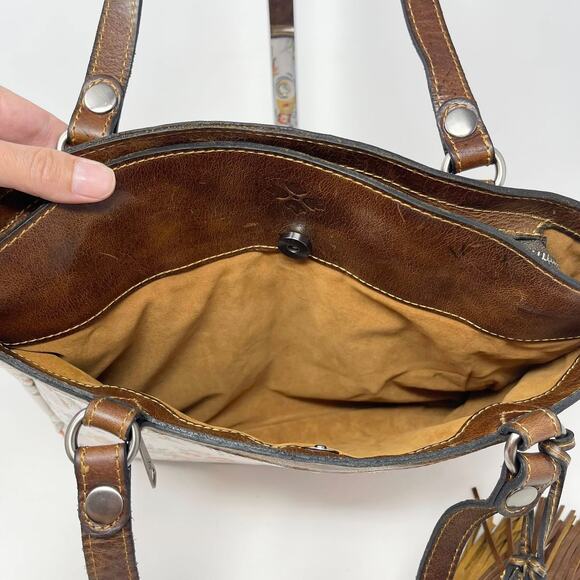 Patricia Nash Leather Poppy Tote Mini Meadows Floral‎ Print Brown Trim Tassels - Picture 11 of 14